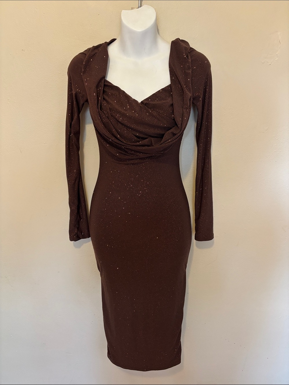 Fashion Nova Brown Sparkle Cowl Neck Long Sleeve Midi Dress